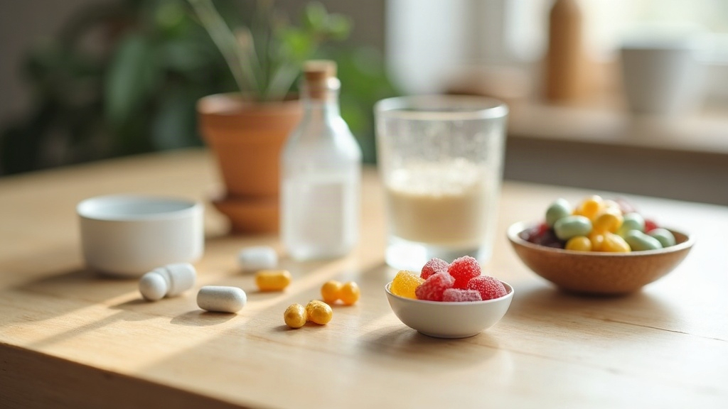 Gélules, comprimés, poudre diluée dans un verre et gummies posés sur une table en bois